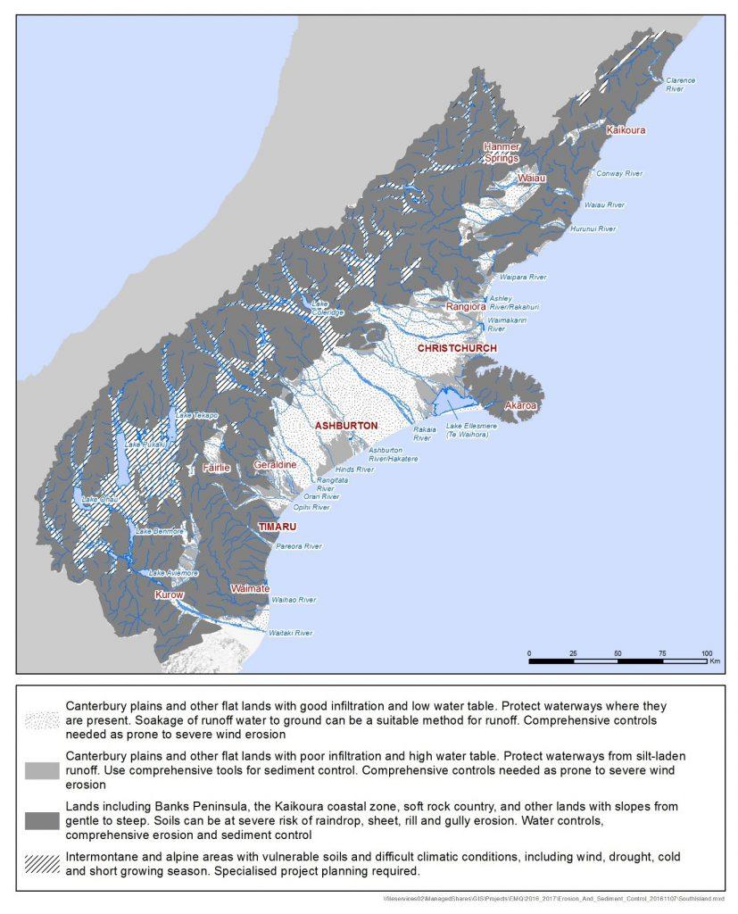 Four types identified in map. 1) Canterbury plains and other flat lands with good infiltration and low watertable. Protect waterways where they are present. Soakage of runoff water to ground can be a suitable method for runoff. Comprehensive controls needed as prone to severe wind erosion. 2) Canterbury plains and other flat lands with poor infiltration and high water table. Protect waterways from silt-laden runoff. Use comprehensive tools for sediment control. Comprehensive controls needed as prone to severe wind erosion. 3) Lands including Banks Peninsula, the Kaikōura coastal zone, soft rock country, and other lands with slopes from gentle to steep. Soils can be at severe risk of raindrop, sheet, rill and gully erosion. Water controls, comprehensive erosion and sediment control; 4) Intermontane and alpine areas with vulnerable soils and difficult climatic conditions, including wind, drought, cold and short growing season. Specialised project planning required. 