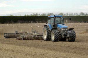 Exposing and disturbing the soil on farm ahead of or during windy conditions can result in significant erosion of your most valuable resource. Keep a buffer between riparian areas and tillage to protect waterways from soil phosphorus and nitrogen. Photograph of tractor and attachment disturbing exposed soil (JPG file, 58 KB).