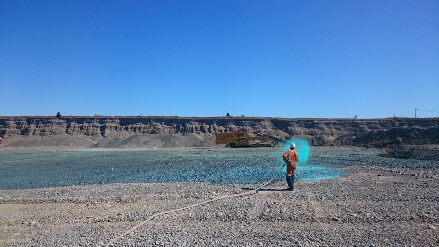 Dust suppression using soil binders/polymers at a large open cast quarry near Christchurch (Source: RST Solutions Limited).